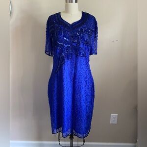 Vintage 80s Silky Nites New York Blue Beaded Dress Size L